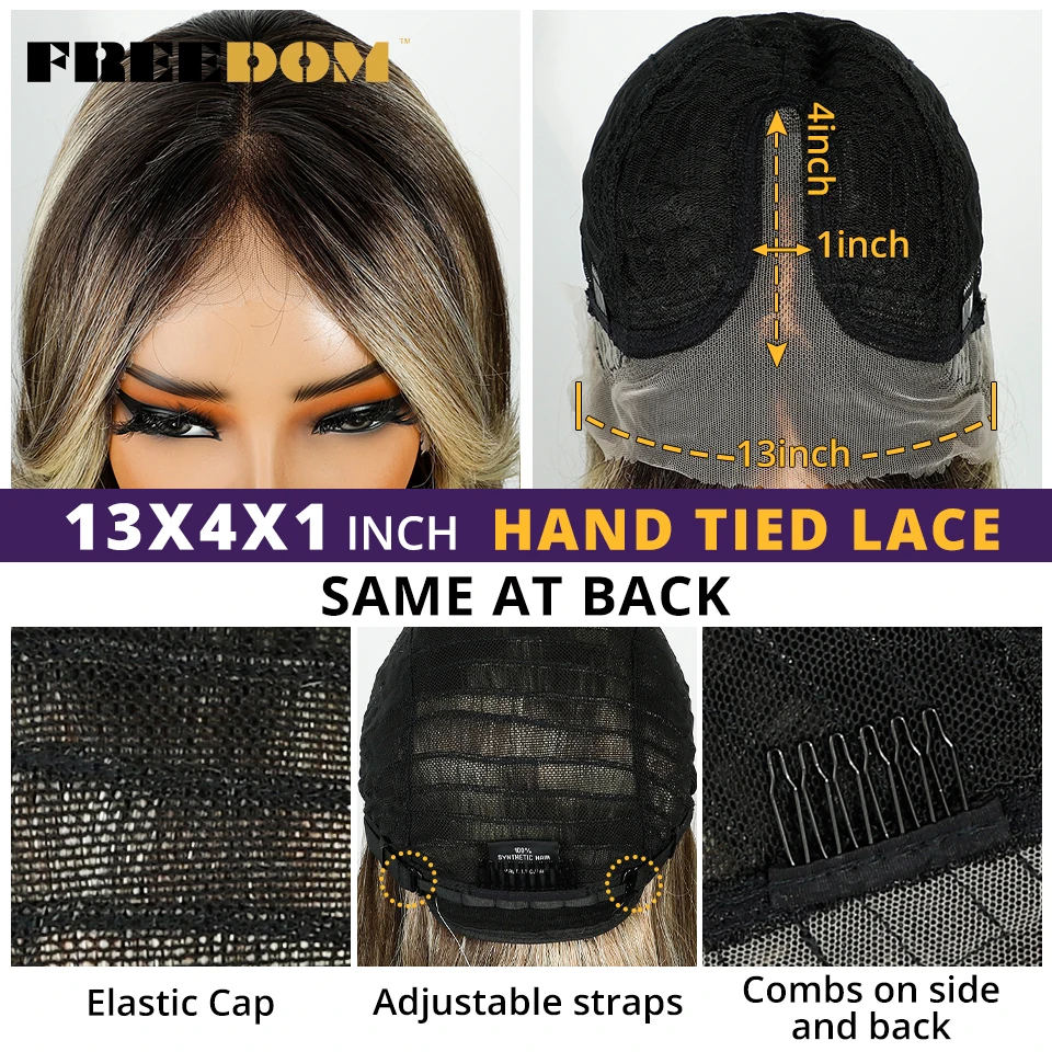 FREEDOM Straight Layered Synthetic Lace Front Wigs For Women 20 Inch Ombre Blonde Brown Lace Wig With Bangs Cosplay Lace Wigs image 6