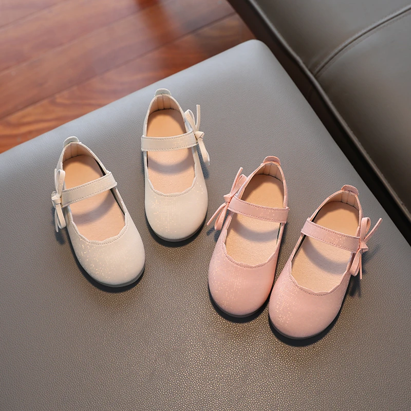 

Spring Girls Princess Mary Jane Flats Bow-Adorned Pink Beige Children Dress Shoes For Wedding Party Little Toddler Kids Footwear