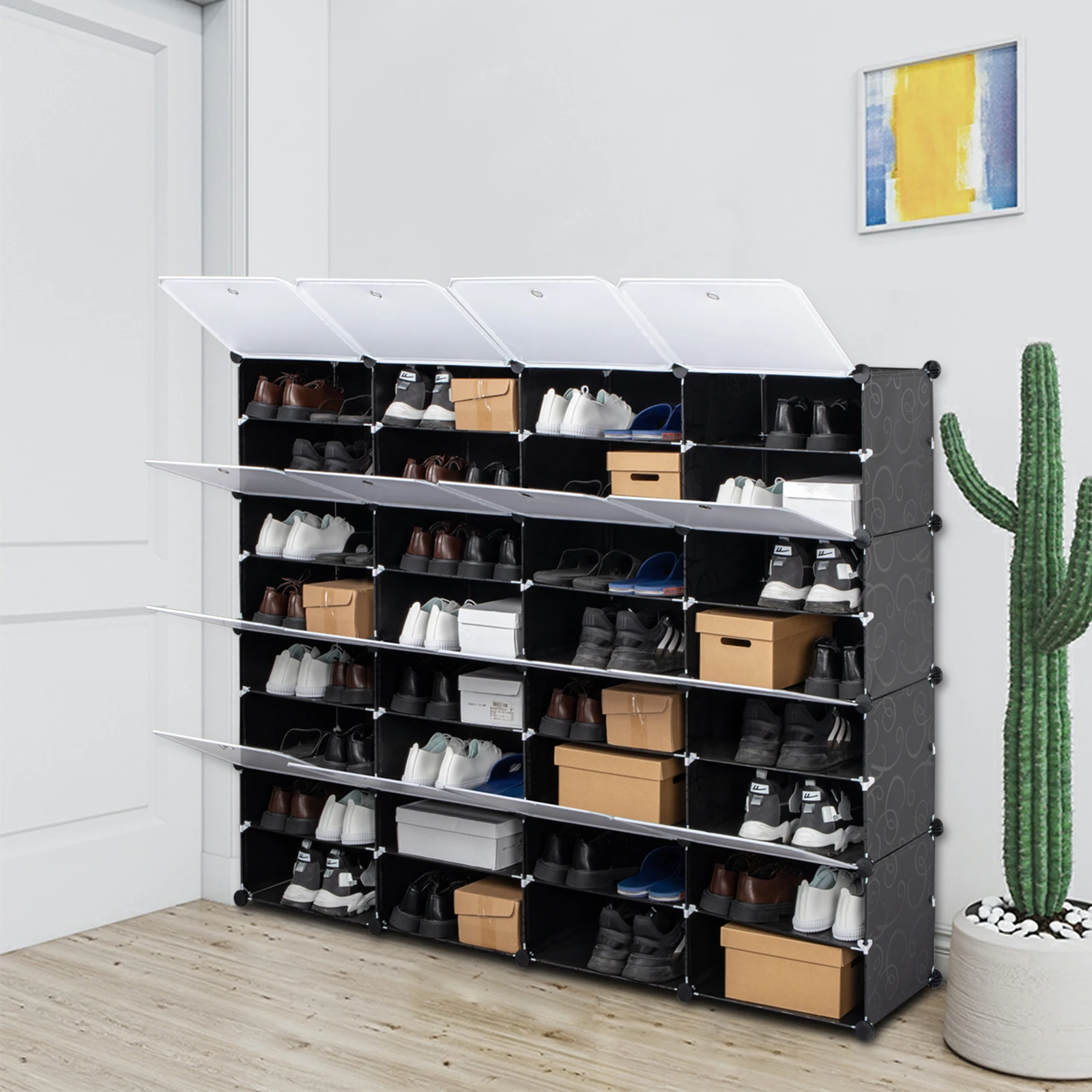 Rak sepatu Organizer 8-Tier 64 pasang, rak sepatu portabel 32 kisi, dudukan kabinet penyimpanan dapat diperluas untuk hak, sepatu bot, sandal, Bl