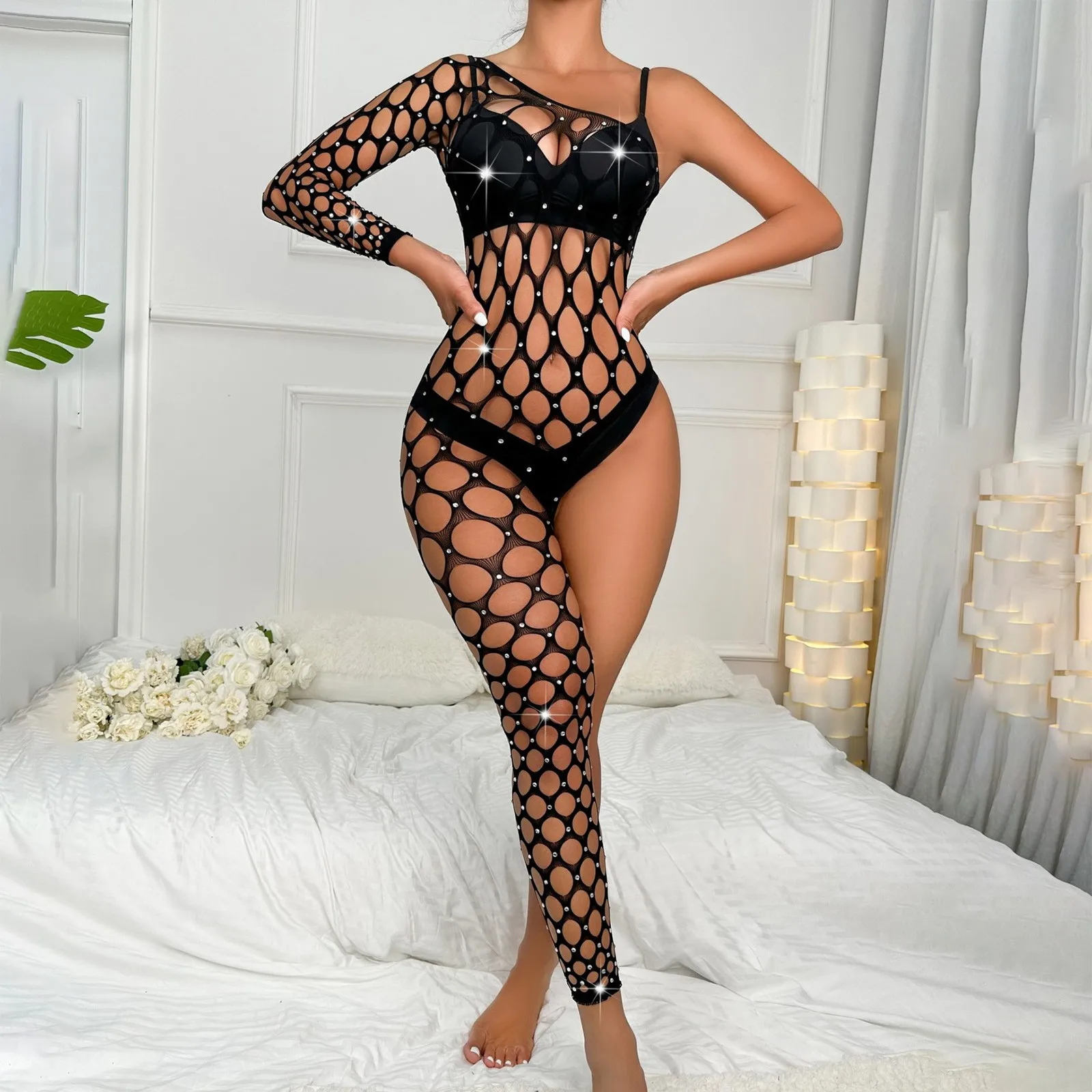 Women\'s Handmade Diamond Sparkling Lingerie Single Sleeved Leg Jumpsuit Mesh Sexy Lingerine Outfit Fantasy Underwear Fishnet