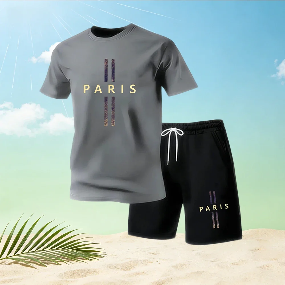 

Summer Hot Sale Men's 2 Piece T-Shirts Sets O-neck Paris Letter Pattern Print Short Sleeve + Sports Shorts Casual Home Outdoor