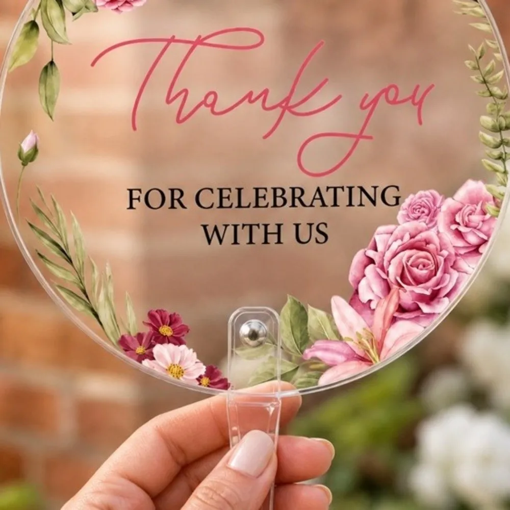 10Pcs Pink Floral Thank You Hand Fan Plastic Single-Sided Print Translucent Round Fan Translucent Photo Prop Fans