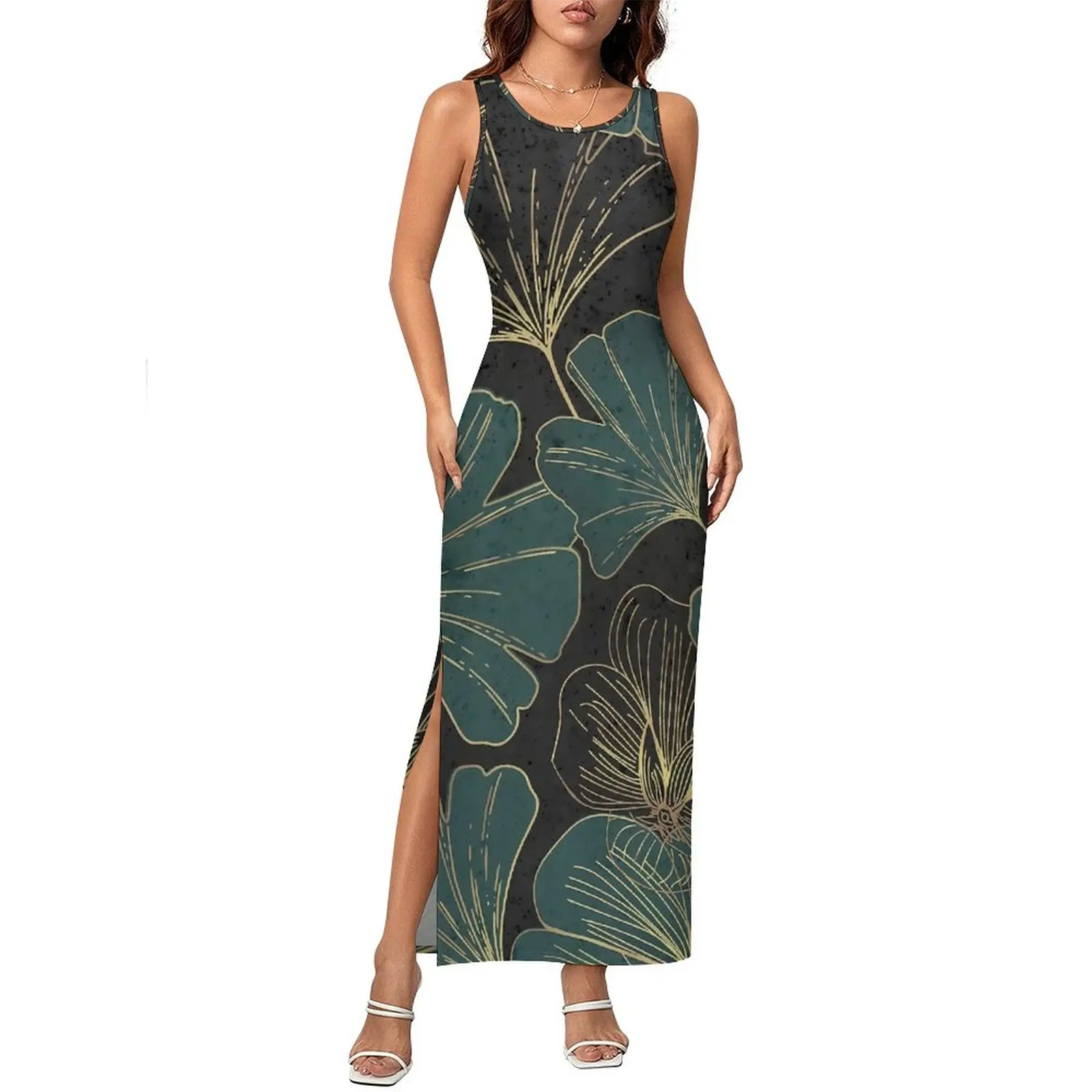 Gingko Biloba Dress Sleeveless Leaves Art Print Night Club Maxi Dresses Spring Y2K Fashion Design Bodycon Dress Big Size 3XL 4XL