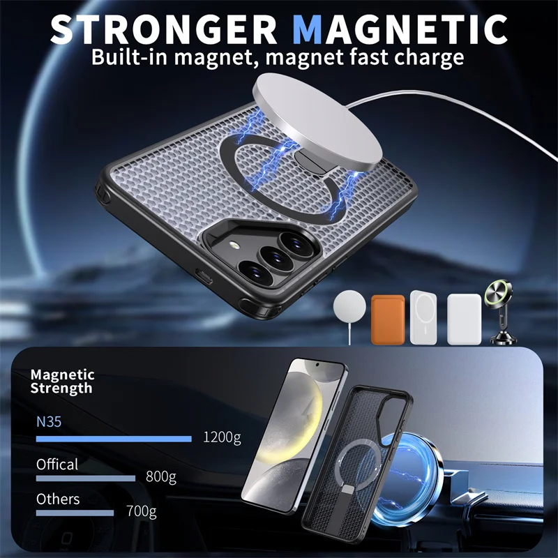 Fashion Breathable Heat Dissipation For Magsafe Phone Case For Samsung Galaxy S24 25 Ultra Plus PC Shockproof Hide Bracket Cover