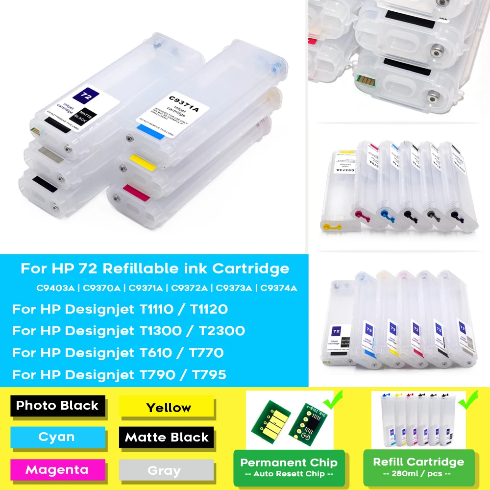 Imagem -02 - Cartucho de Tinta Recarregável com Chip Arc Adequado para Impressora hp 72 Designjet T795 T610 T620 T1100 T2300 T770 T790 T1120 T1200 T1300 280ml