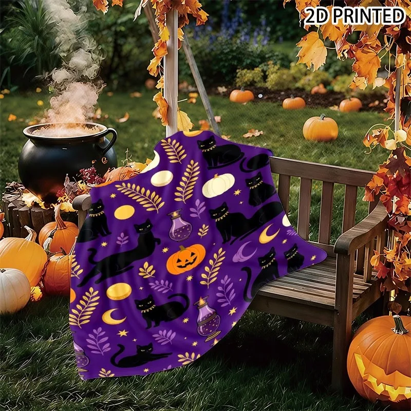 Halloween Whimsical Print Throw Blanket with Deep Purple Background, Playful Black Cats, Pumpkins & Festive Elements, Multi-Spec