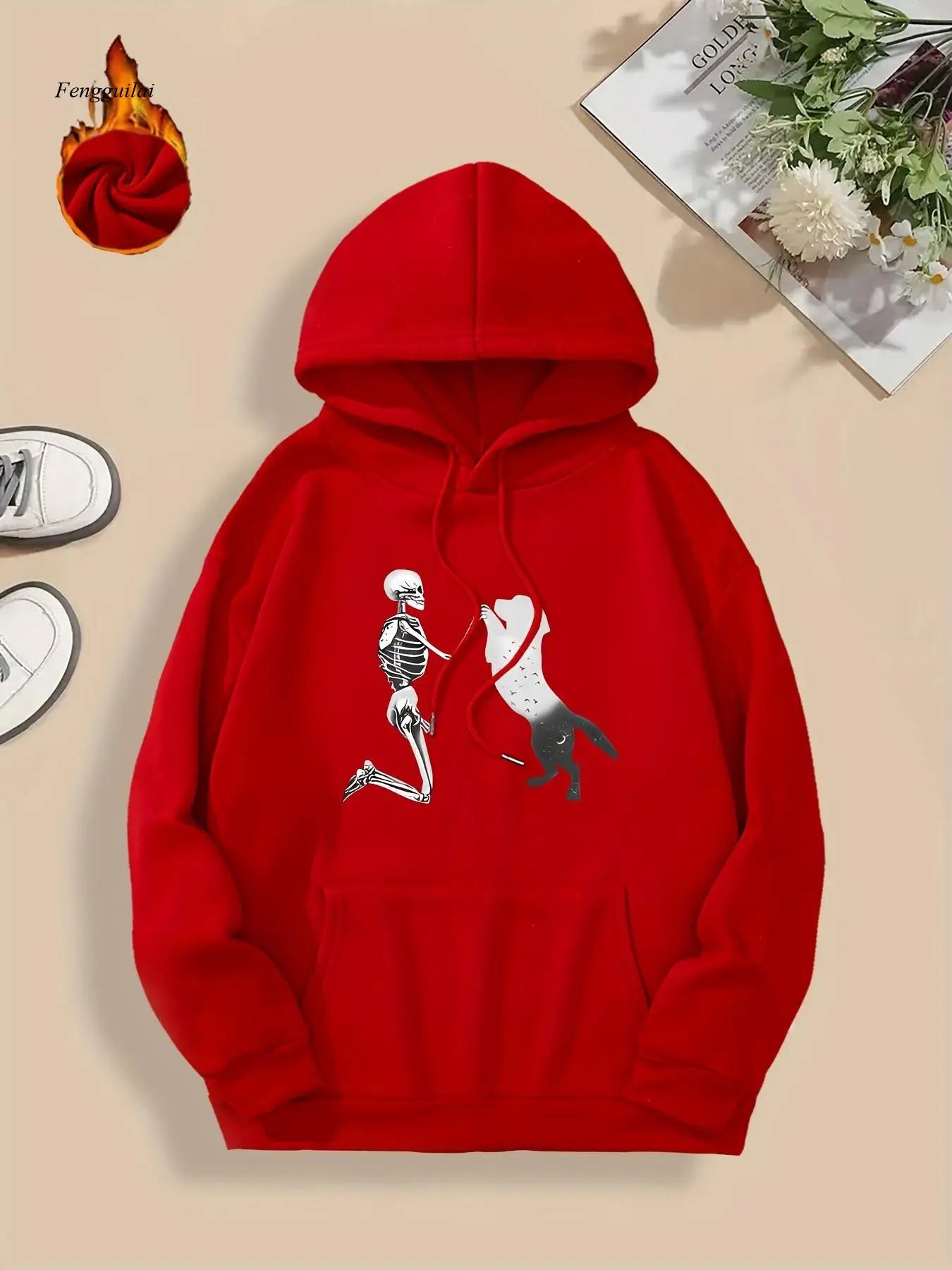 白いスカルの子犬と骨のプリントが入ったゴシックブラックパーカー - 居心地の良い秋冬プルオーバースウェットシャツ、カンガルーポケット