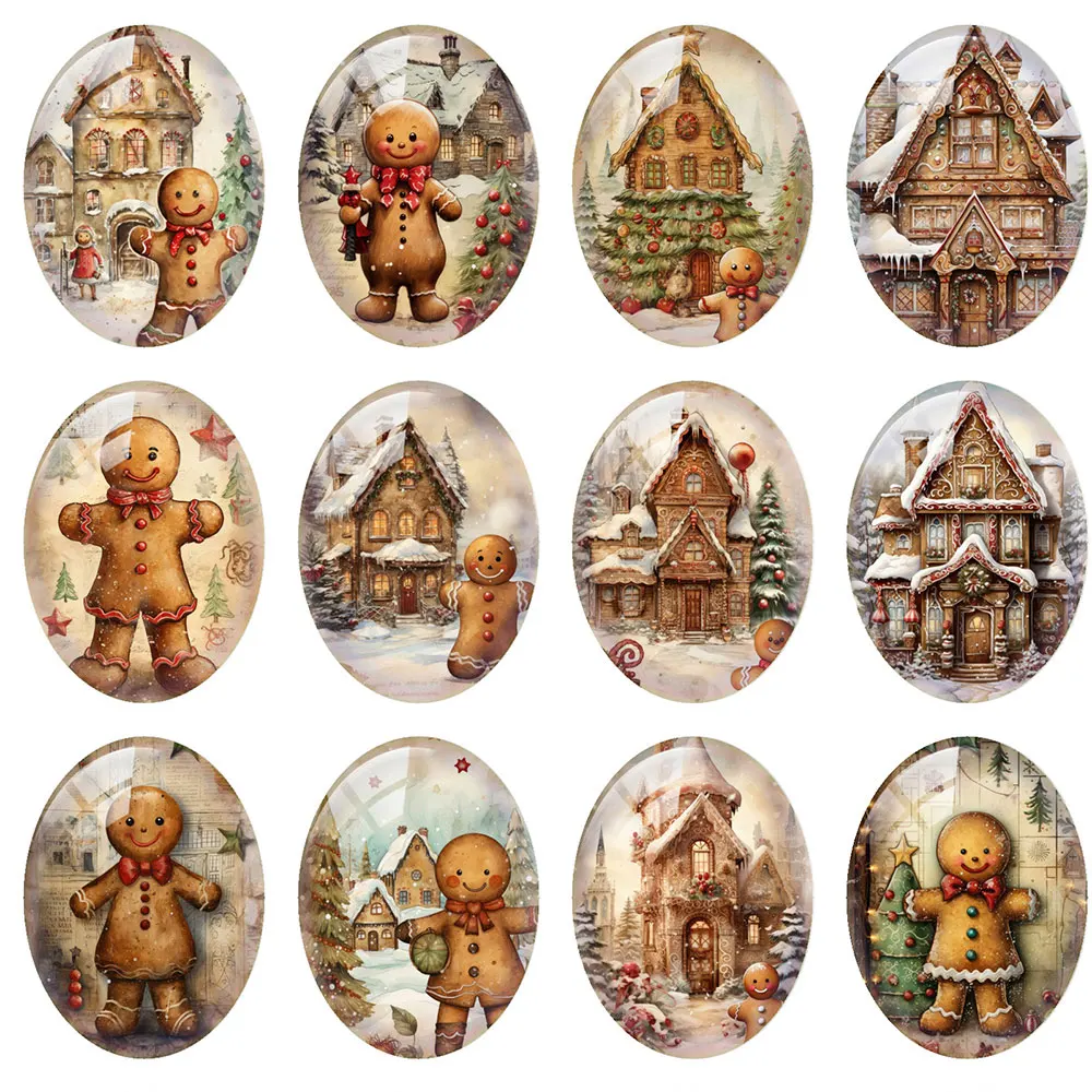 10pcs/lot Christmas X-mas Winter Gingerbread Man Cookie Oval Photo Glass Cabochon Flatback Demo Cameo For Diy Jewelry Making