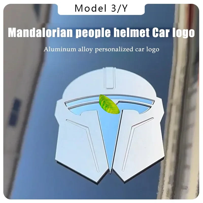 For Tesla Model 3 Y Mandalorian Helmet Design Car Front Logo Emblem Sticker Metal Aluminum Alloy Emblem Modification Accessories