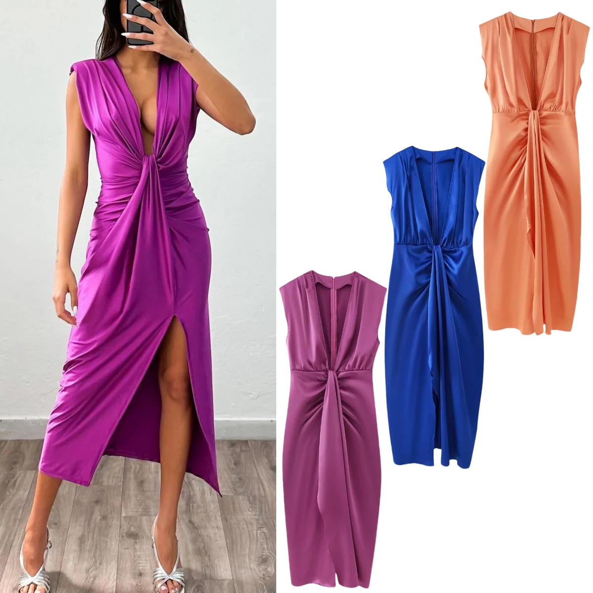 

TRAF women's pleated satin silk feel slit hem long dress simple exquisite elegant street style party dress 2024 summer