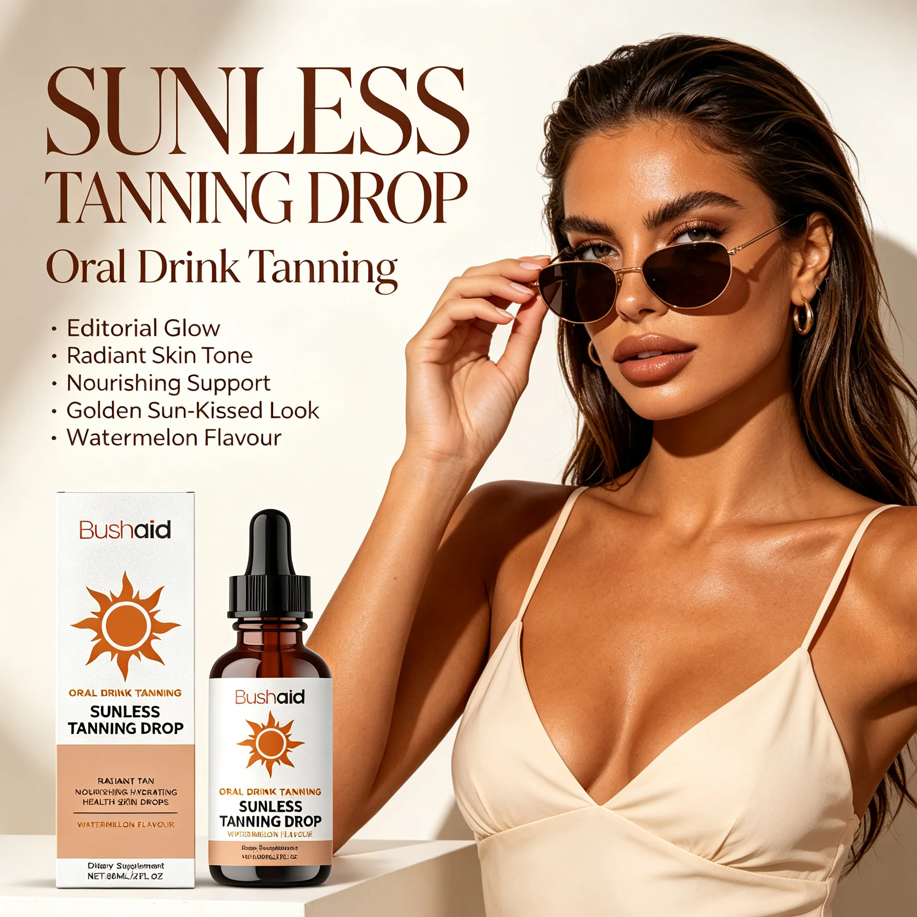 Oral Drinkable Sunless Tanning Drops Watermelon Flavor Boost Melanin Natural Sun‑Kissed Bronze Glow Tanning Supplement