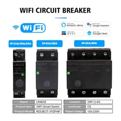 Disyuntor inteligente WiFi de Riel DIN, Control remoto por voz por aplicación Smart Life, TUYA, RDCBC, 1P, 2P, 4P, 32A, 63A, 80A