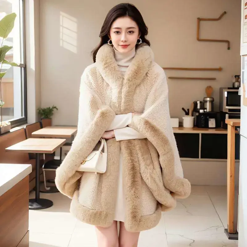 Hairy Hooded Cape Shawl Women's Overcoat Winter 2025 Season New Fashion Loose Large Fur Collar Cape Fleece-Lined Thick Warm Coat