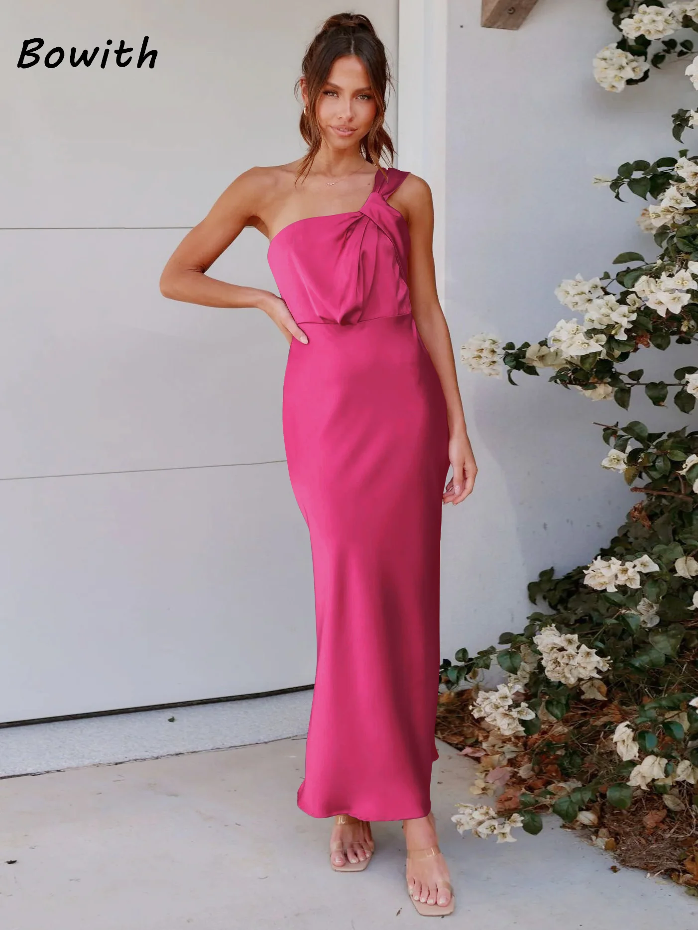 

Bowith Wedding Party Dress Elegant Short Sleeved Backless Formal Single Shoulder Dresses for Women Gown Prom Cocktail Dress