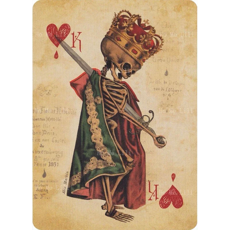 King Of Hearts Vintage Solitaire Beautifully Spooky Skull Playing Cards Art Memento Mori Canvas Wall Art Painting