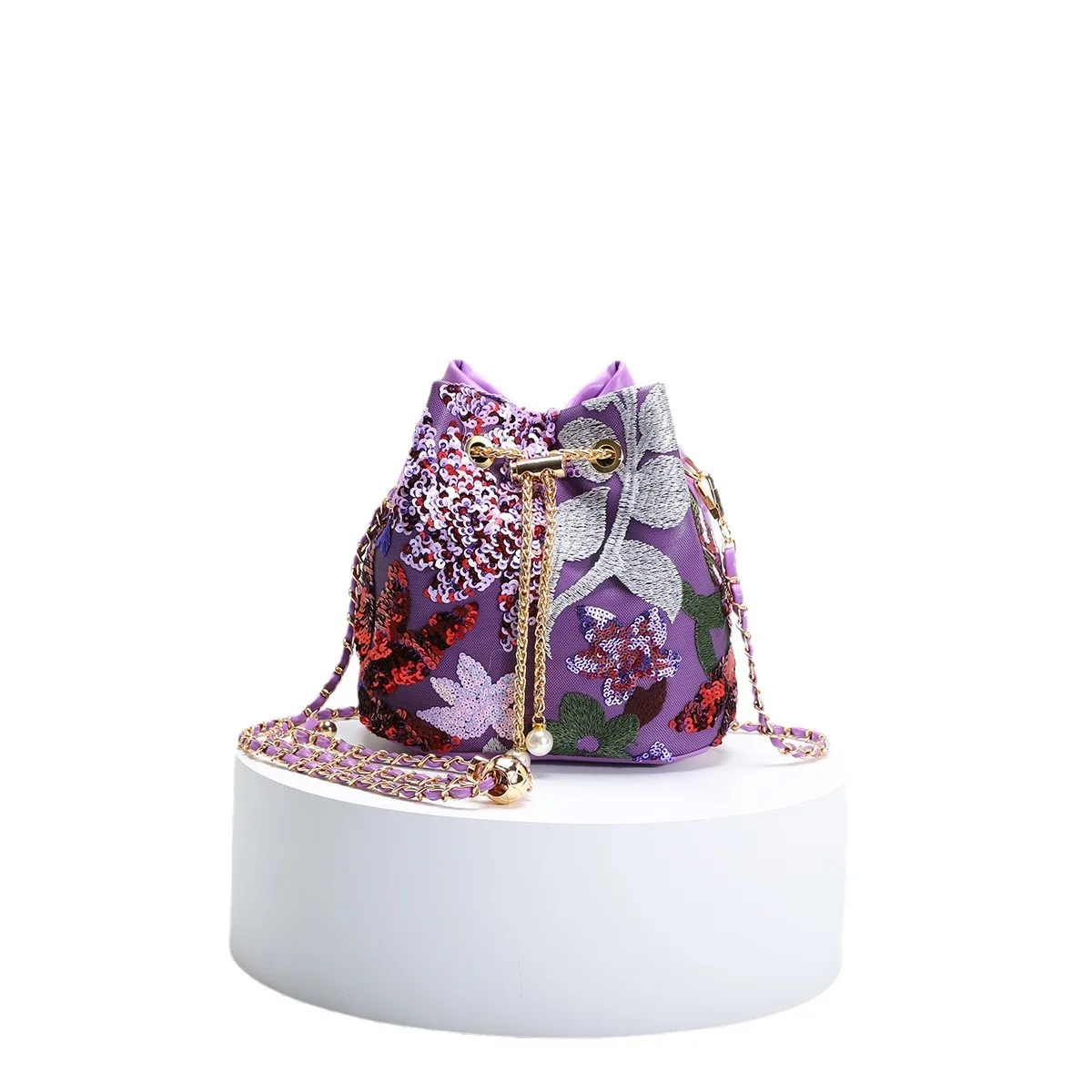 New Chinese style bucket bag retro style women's heavy craftsmanship mesh embroidery flower sequin chain crossbody bag handbags
