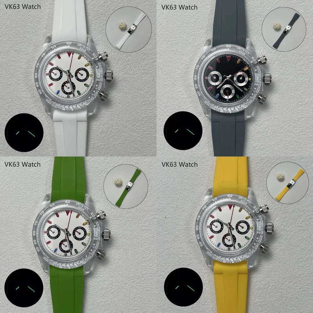 

39mm men's VK63 quartz wristwatches with acrylic transparent case colored rubber strap and Japanese VK63 quartz movement reloj