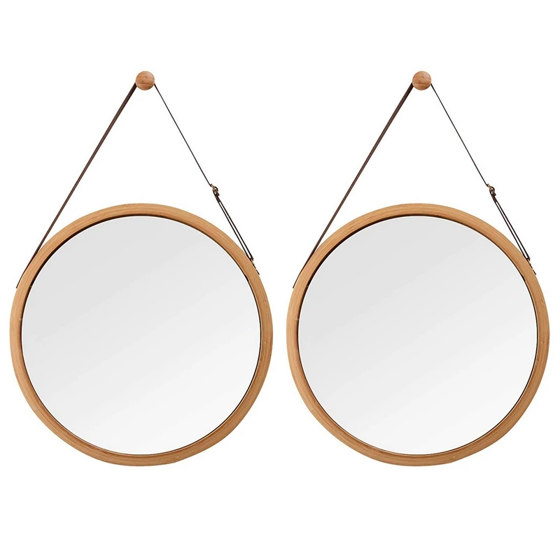 

2X Hanging Round Wall Mirror In Bathroom & Bedroom - Solid Bamboo Frame & Adjustable Leather Strap (Bamboo, 15 Inch)