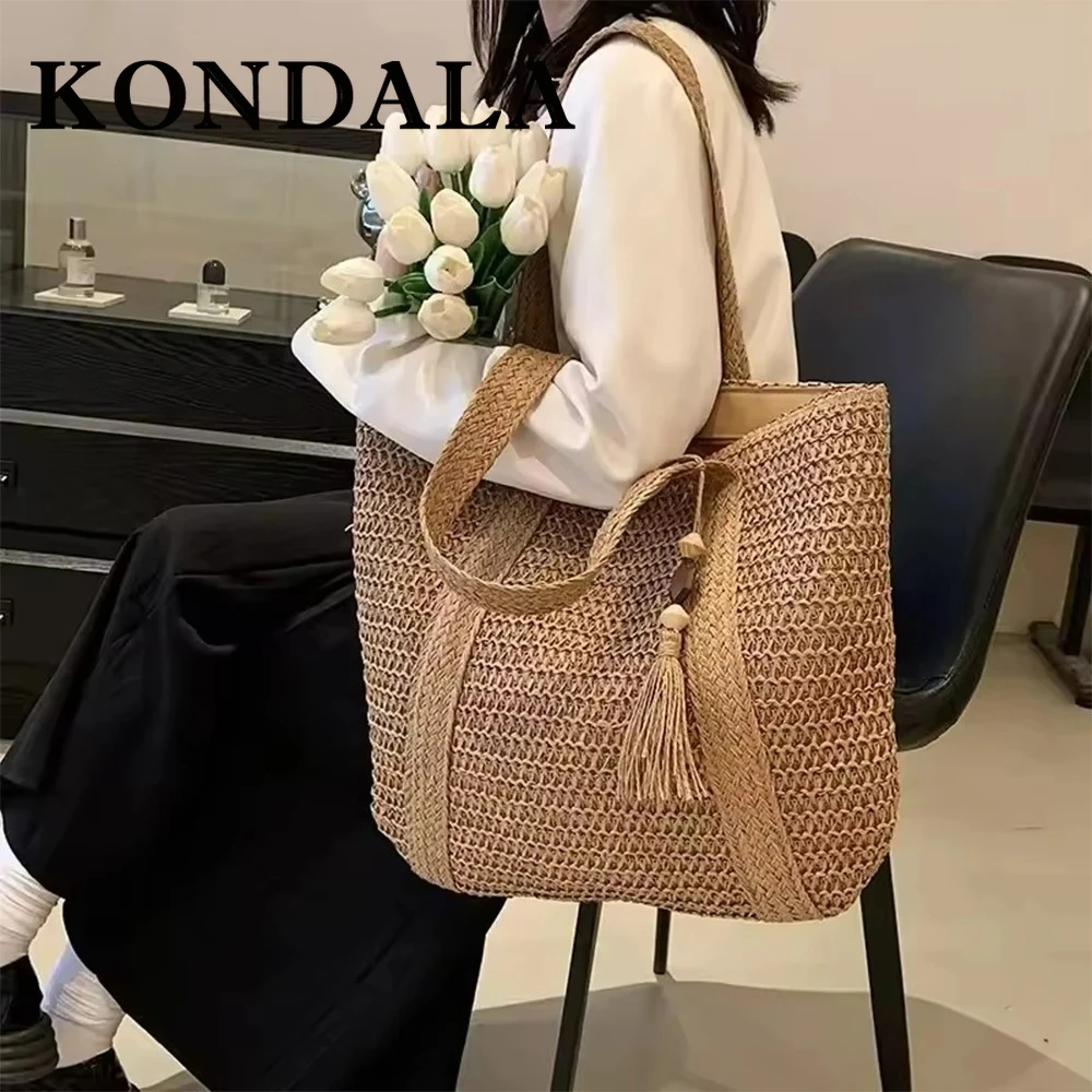 KONDALA Fashion 2025 Elegant Straw Woven Handbag Holiday Summer Beach Commute Casual Vintage Tote Bags Chic Retro Shoulder Bag