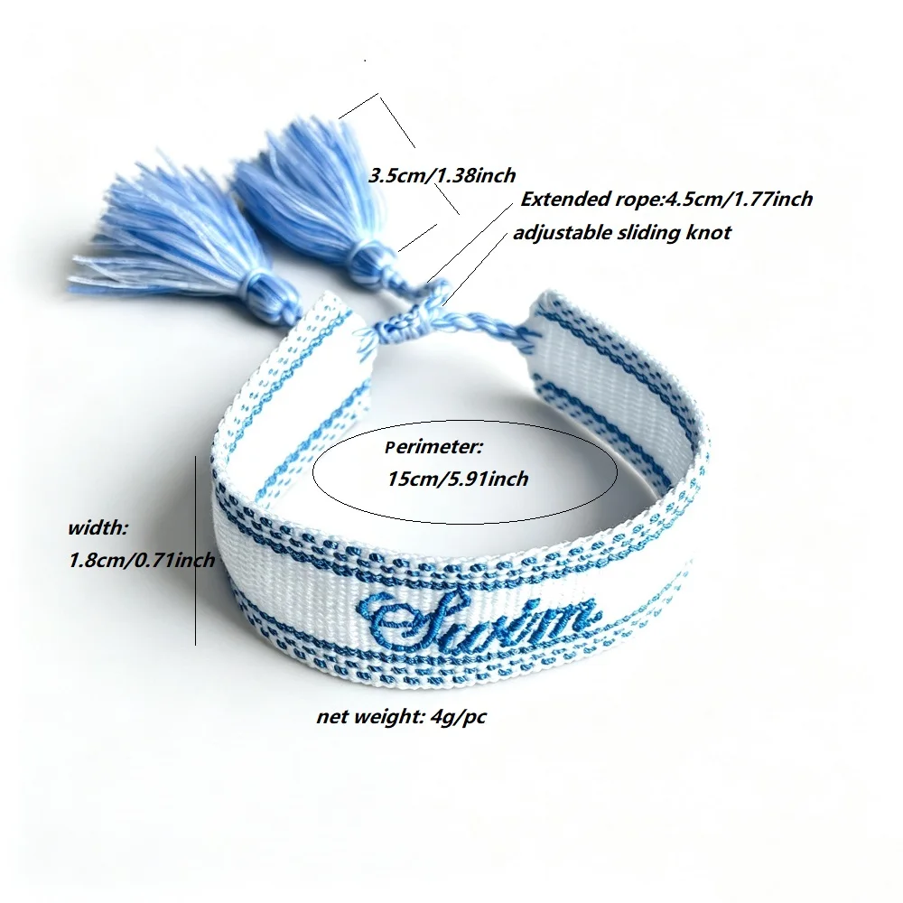 Handgefertigte, gewebte Armbänder, verstellbare Armbänder mit Quasten und aufgestickten Buchstaben, Geschenkideen für Konzerte. – Detail 4