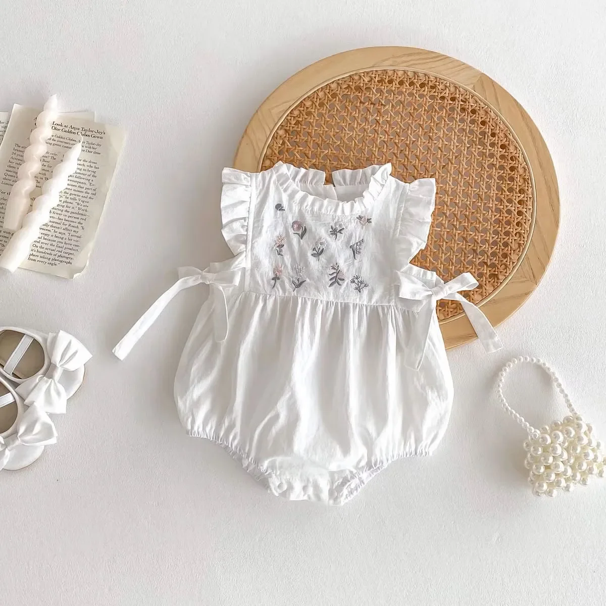 

Summer Baby Girls' Comfortable Breathable Cotton Sleeveless Onesie Lotus leaf sleeves Embroidered Floral & Bow Design Romper