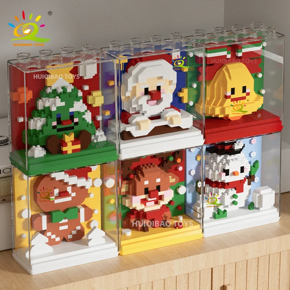 HUIQIBAO Children Mini Christmas Tree Santa Claus Model Micro Bricks Building Block City DIY ZOO Animal Display Cases Toys Gift