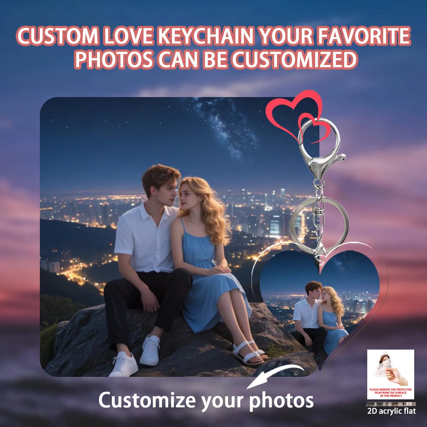 1pc/3pcsCustom love shape keychains, backpack pendants, acrylic car keychains, couples, friends, pets, photo personalization, se