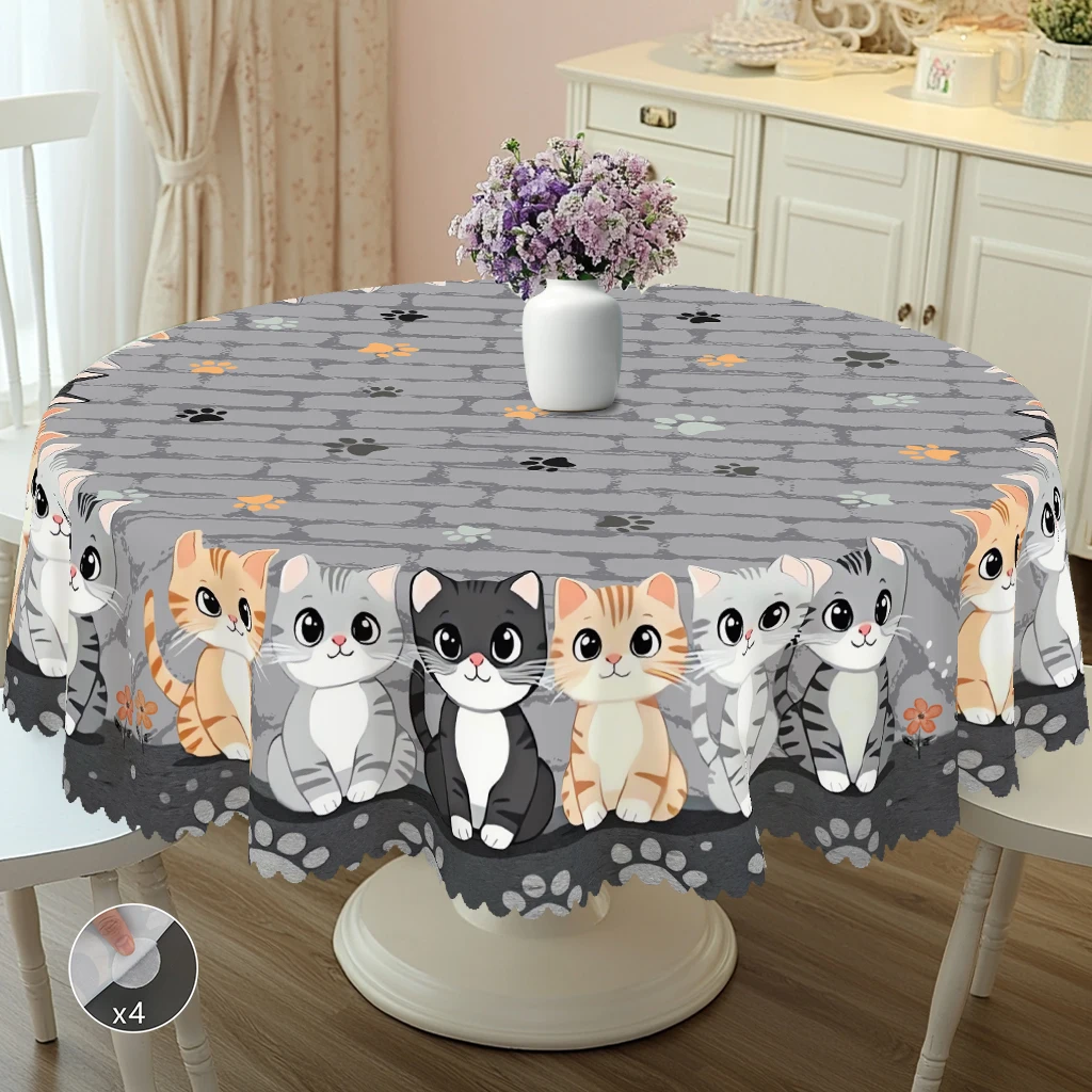 1-teilige Katzen-Tischdecke, runde oder rechteckige Tischdecke mit niedlichen Katzen- und Pfotenmustern, geeignet für Herbst-Feiertagsfeiern, Familientreffen, Geschenke,