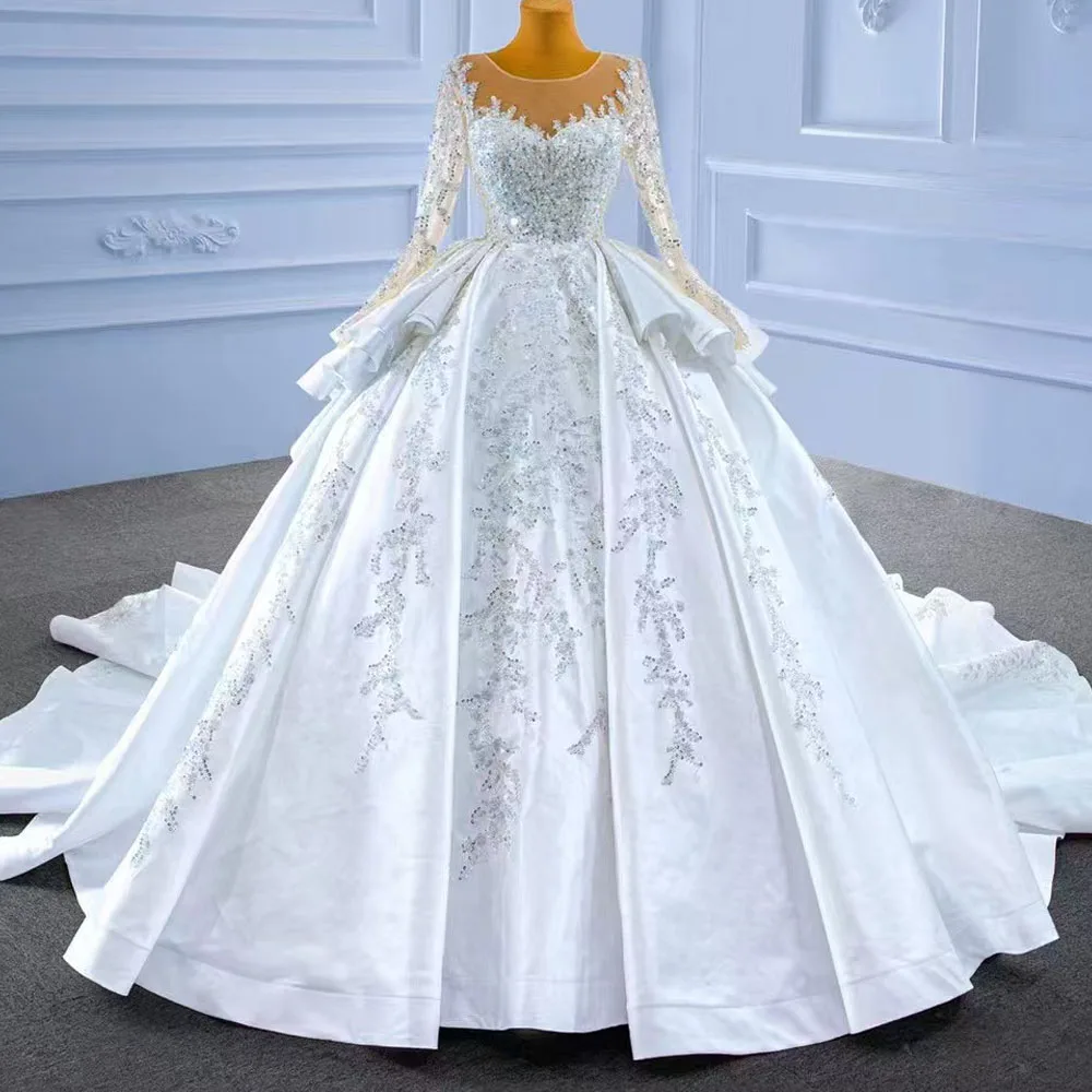 Wedding Dress O-Neck Long Sleeves Lace-Up Back Pearls Sequined Ball Gown Women's Elegant Bridal Gown