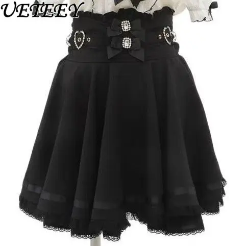 

Japanese Lolita Skirts Girl Mini Bow Buckle Leather Ring High Waist Slim-Fit Skirt Culottes Summer New Ruffled Pleated Skirt