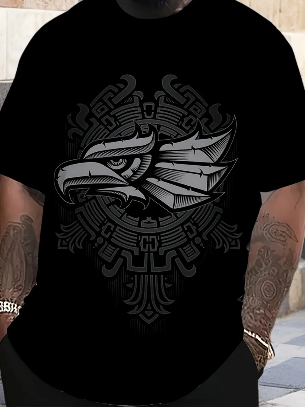 Ancient Tribal Eagle Totem 3DPrint TShirt Mexican Aztec Calendar Ornament Graphic Tee Cool Cultural Casual Short Sleeve Tops Men