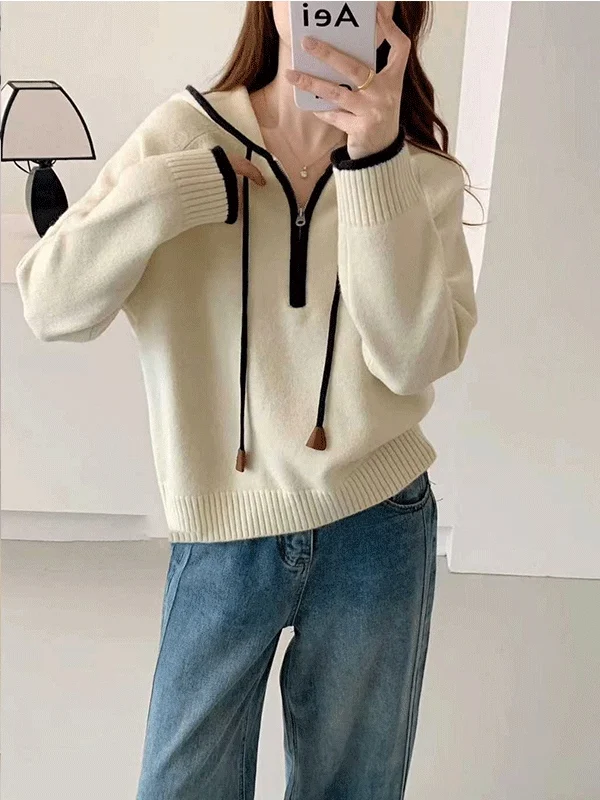 Women's Hooded Zipper Sweatshirt Red Inner Wear Comfortable Loose Fit Long Sleeve Knitted Top Trendy Street Style Commute Wind
