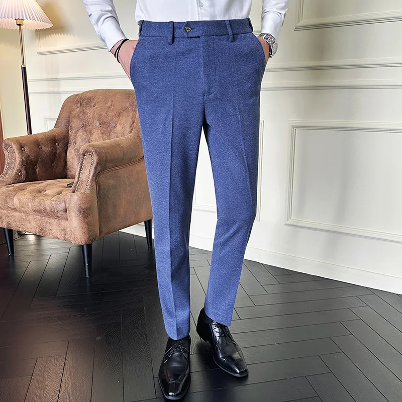 High Quality Male Pure Color Formal Suit Pants Autumn and Winter Men Wedding Ball Party Dress Thick Slim Fit Pants