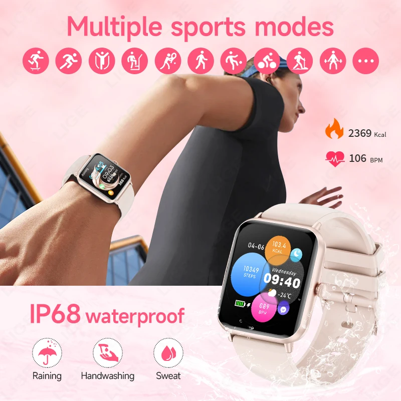 LIGE New Smart Watch Women Full Touch Screen Sport Fitness Watches IP68 Waterproof Bluetooth Call Smartwatch Men for Android iOS