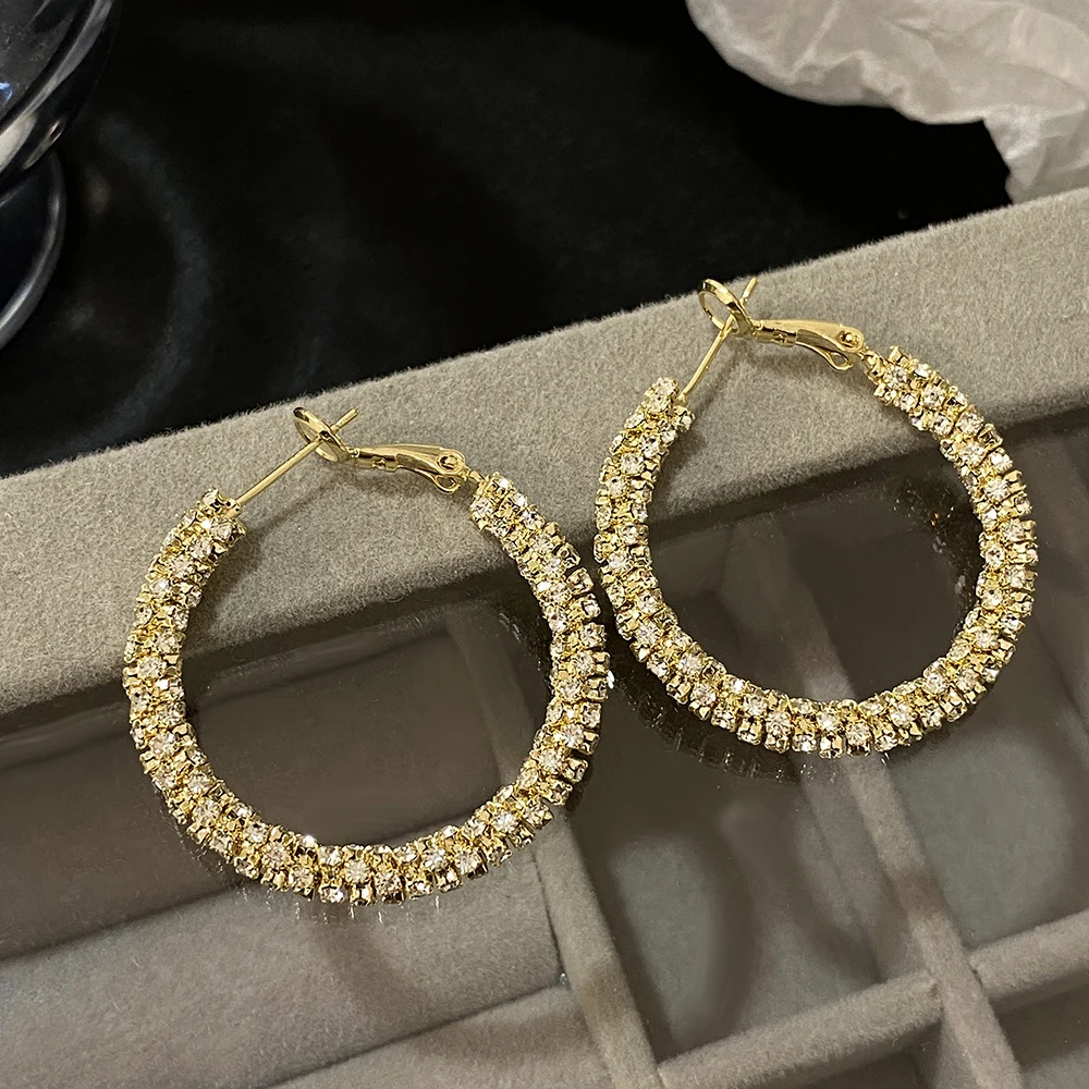 Flashbuy Shiny Gold Color Micro Inlaid Rhinestone Hoop Earrings for Women Simple Copper Alloy Round Earrings Fashion Jewelry