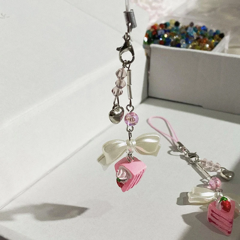 Sweet Cute Strawberry Cake Bowknot Phone Lanyard Y2K Aesthetic Bow Phone Charm Fairy Cell Phone Chain For Girls Gifts