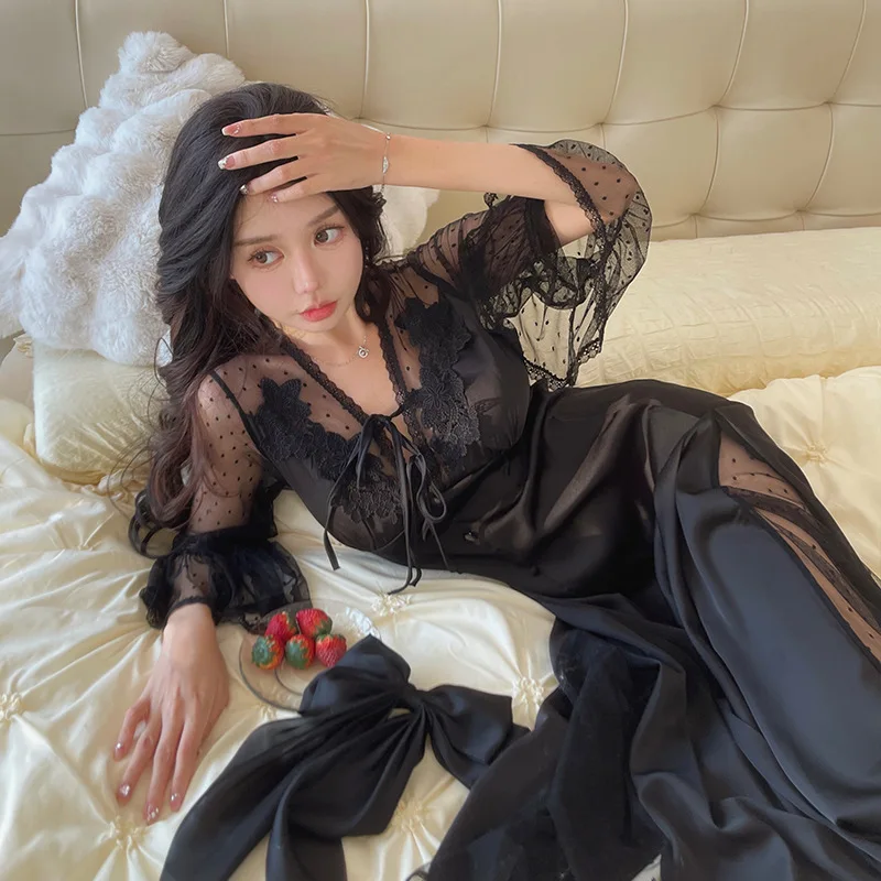 Sexy Perspective Lace Long Nightgown Wedding Morning Robe Palace Style Nightdress Sleepwear Women Loose Satin Home Dressing Gown