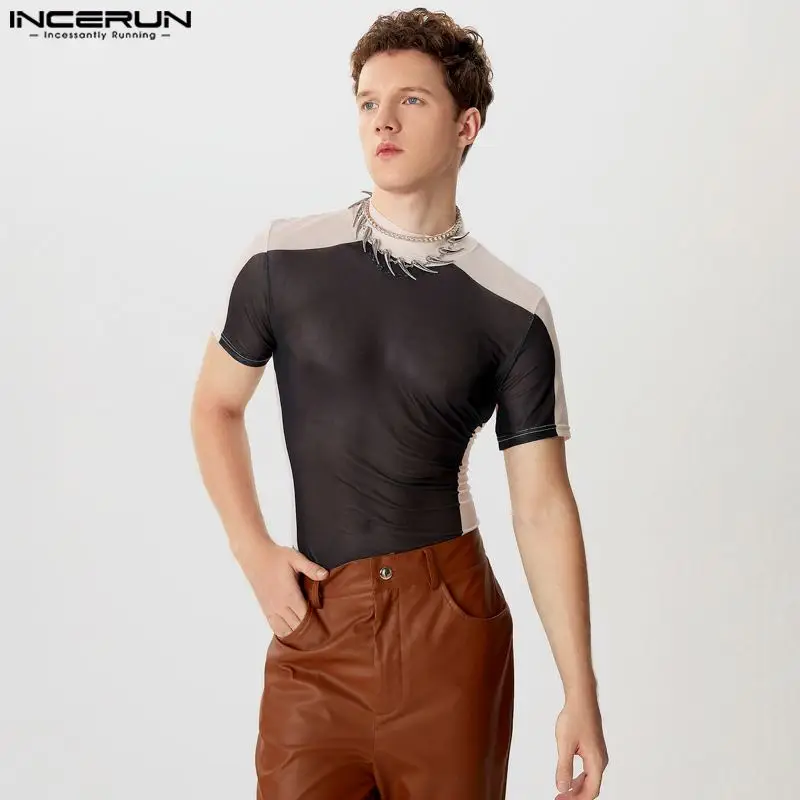 Party Clubwear Style Tops INCERUN Men Mesh Elastic See-through Print T-shirts Sexy Casual Male Thin Short Sleeved Camiseta S-5XL