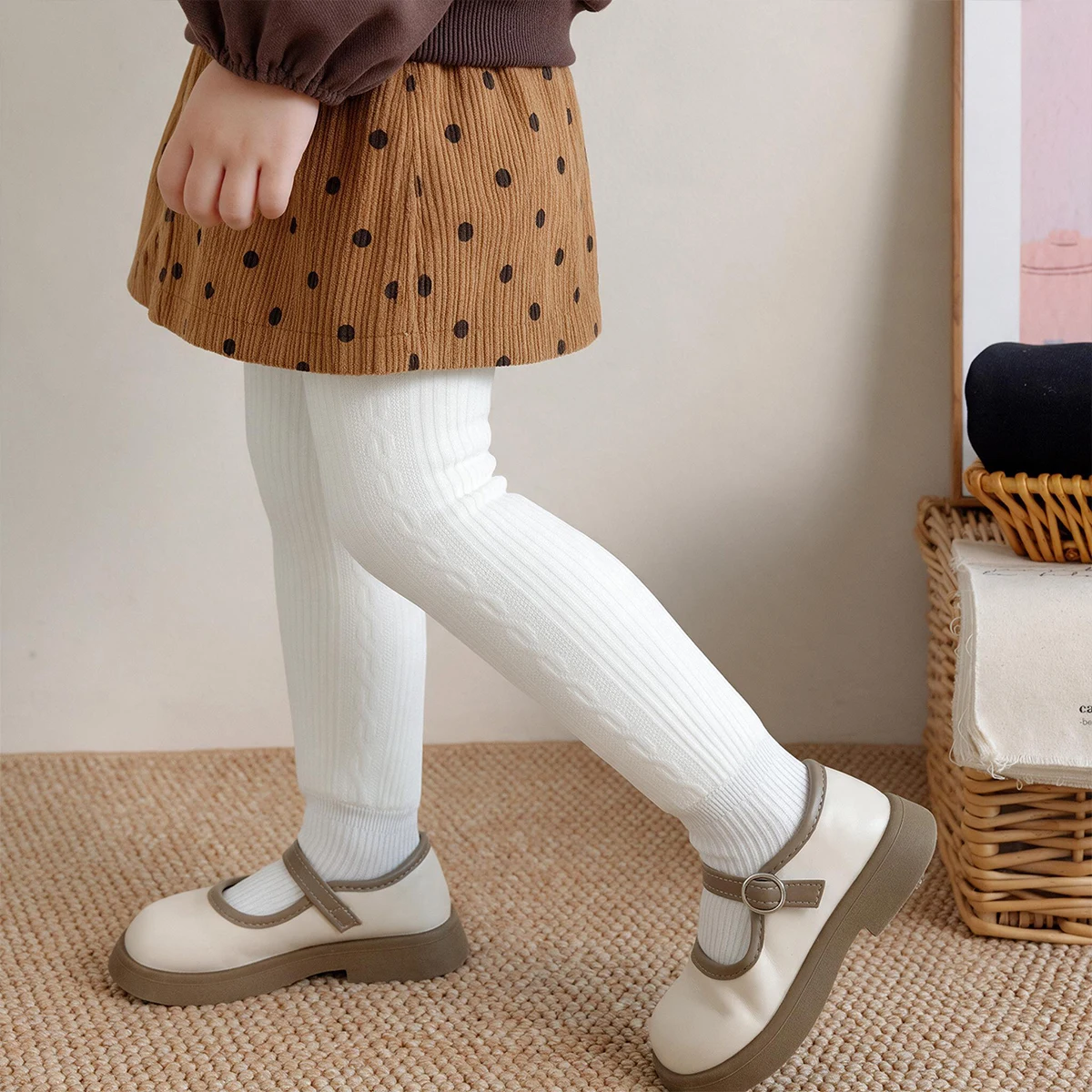 2PCS Kids Thick Fleece Integrated Tights, Solid Color Cable Knit Stretch Footed Leggings, Multi Colors