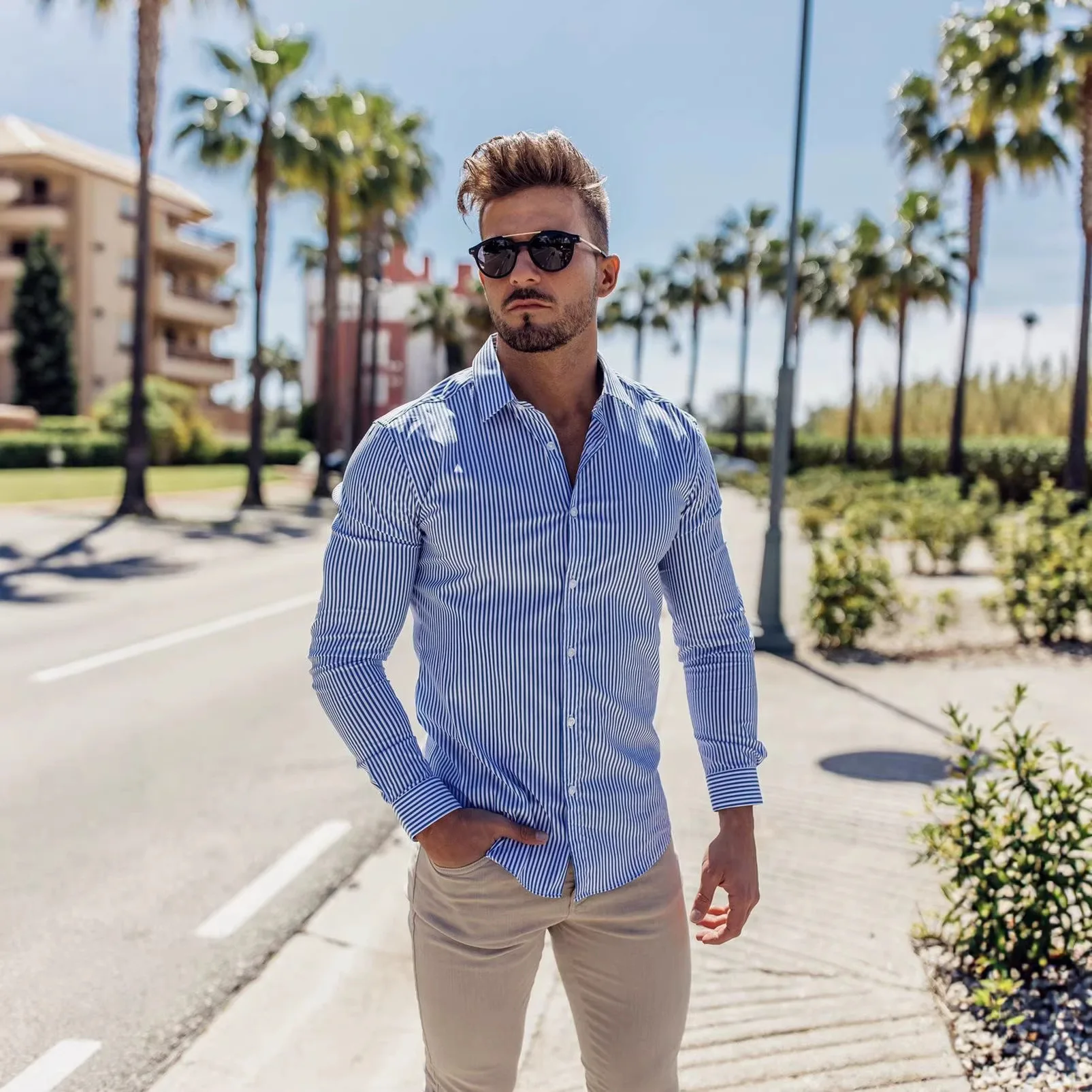 Oxford Striped Slim Long Sleeve Blue Shirt Men's Casual Top