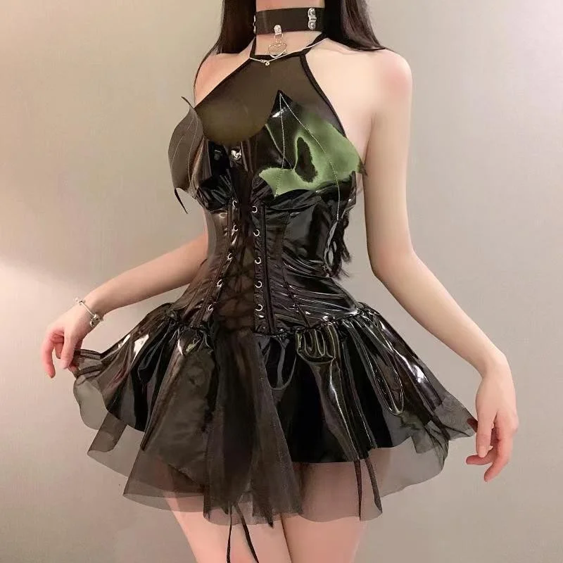 Japanese Style Sexy Demon Costume Bright PU Halter Strap Dress Masquerade Party Stage Cosplay Costumes Bunny Girl Maid Skirt