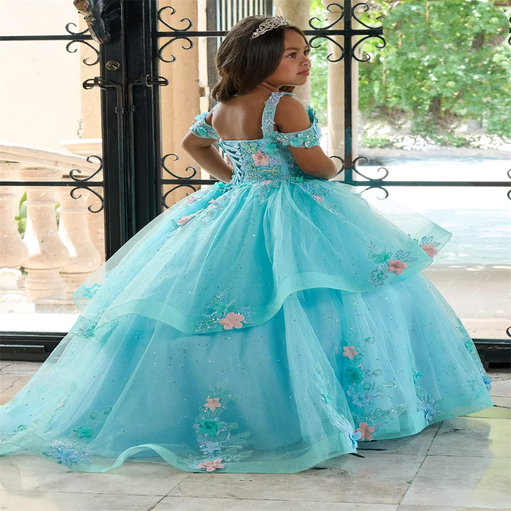 Lilla Long Trailing Flower Girl Dress Layered 3D Floral Off-the-spalla prima comunione compleanno Prom damigelle d'onore personalizzate