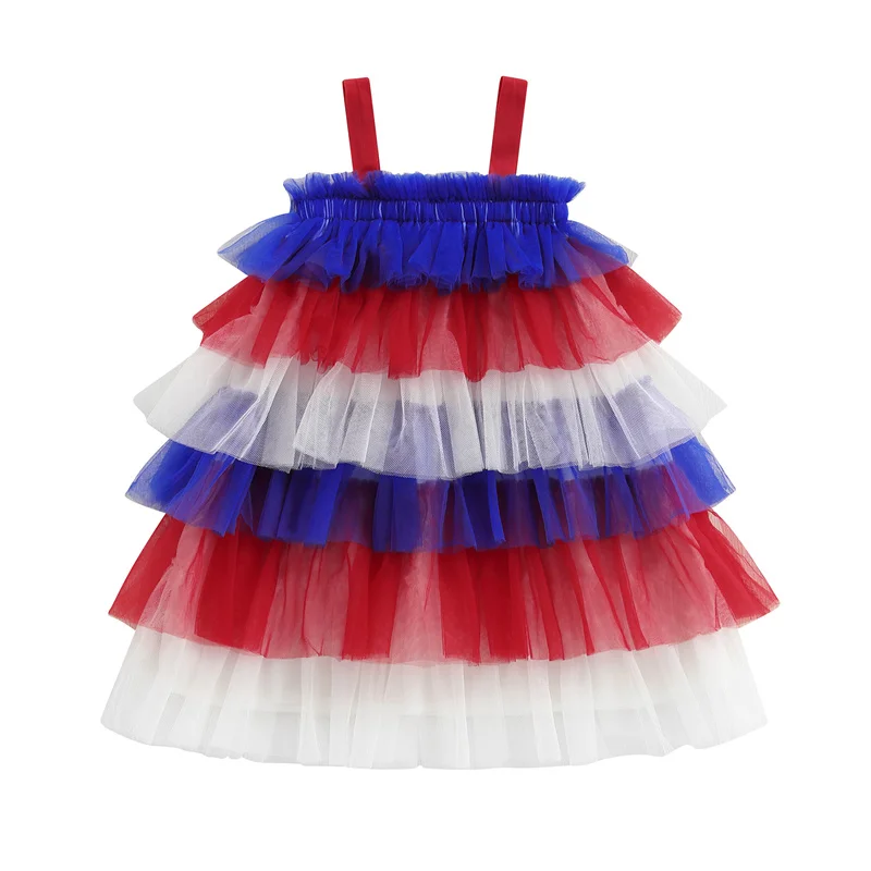 

Cathery Kids Baby Girls 4th of July Dress Red White and Blue Square Neck Sleeveless Layered Tulle Dress Cute Summer Clothes