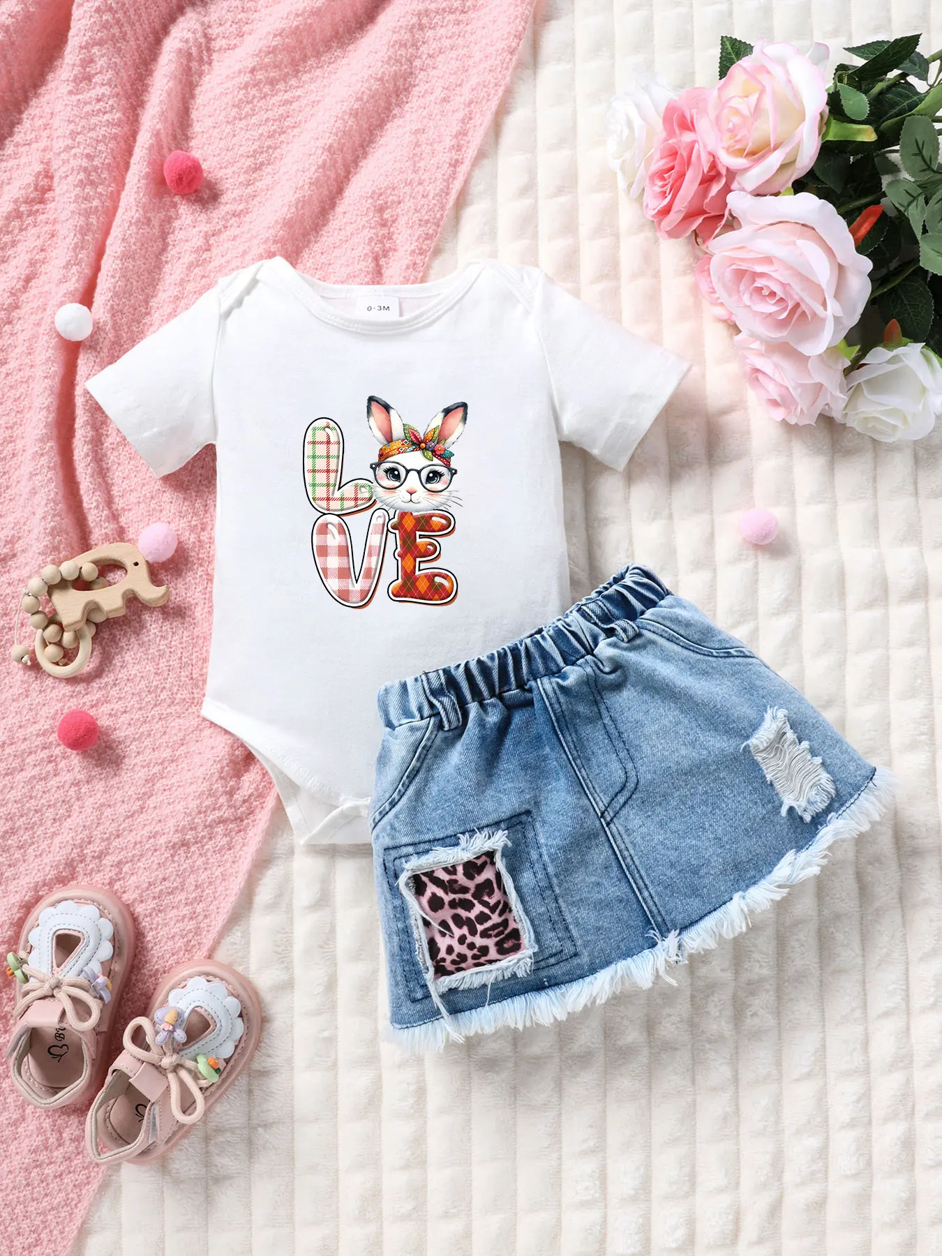 Summer Baby Girl Outfit 'LOVE' Letter & Rabbit Core Pattern Sweet Cool Personality Short Sleeve Romper + Hole Leopard Print Deni