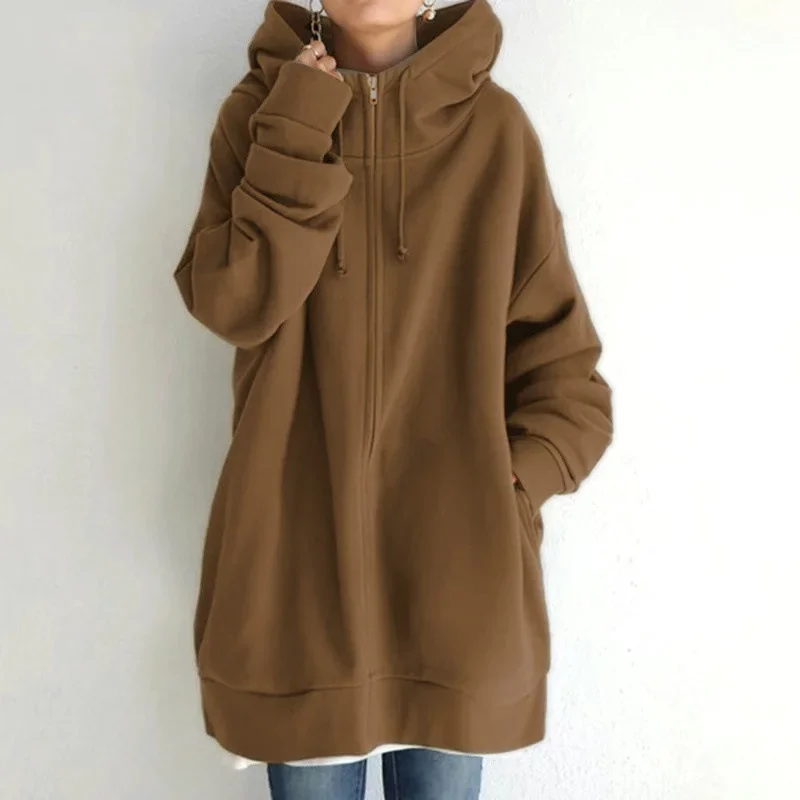 Women Thickened Warm Solid Color Hooded Sweatshirt Double Pockets Zipper Cardigan Hoodie Female Long Outerwear Trend Streetwear