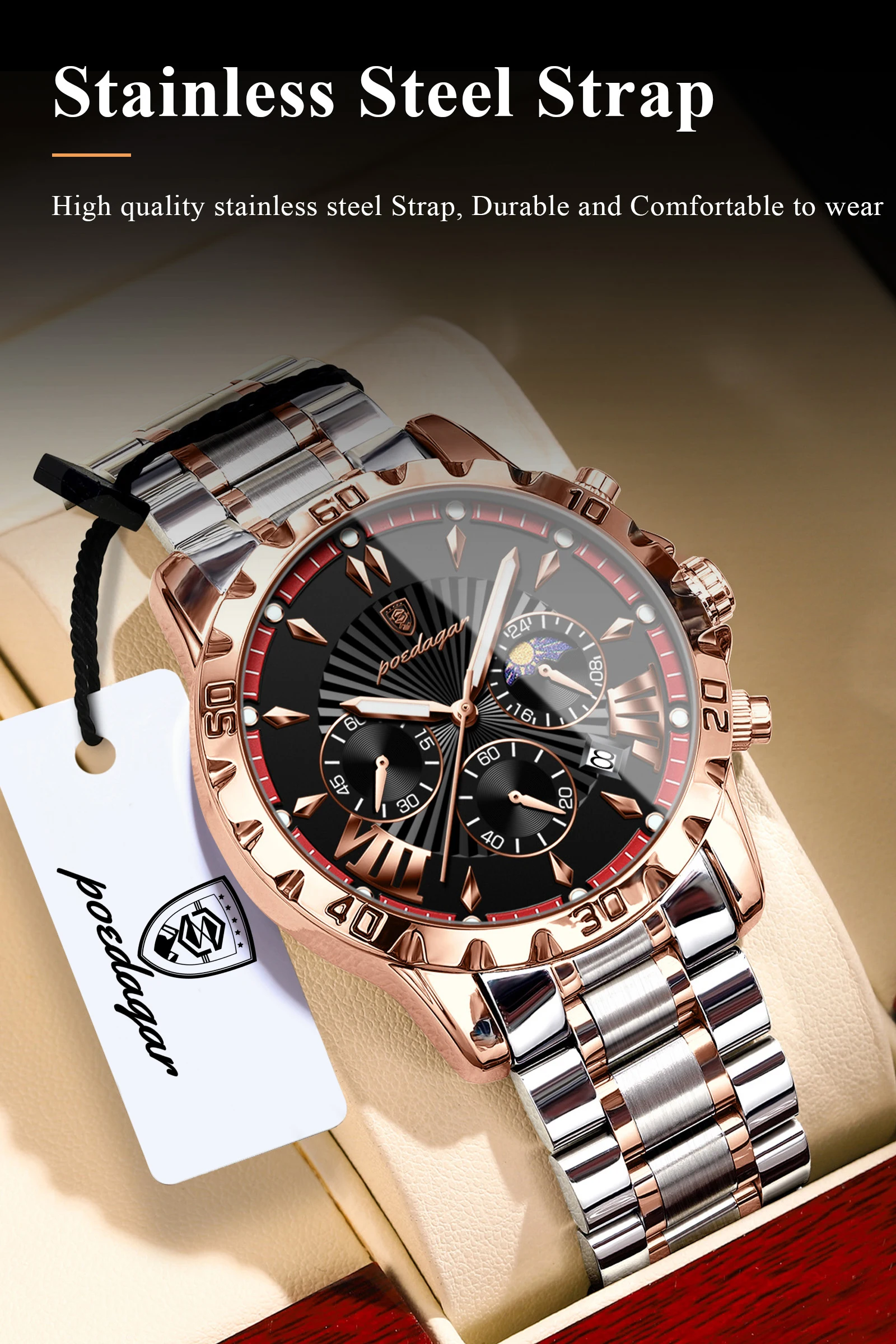 POEDAGAR Top-Luxus-Herrenuhr, Leuchtend, Wasserdicht, Edelstahl, Quarz, Chronograph, Datum, Militäruhr für Herren – Detail 11