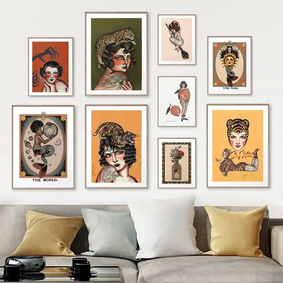 Abstrakte Poster Frau Tattoo Leopard Tiger Magische Klaue Sonne Drache Wand Kunstdruck Leinwand Malerei Dekor Bilder Für Living Roo