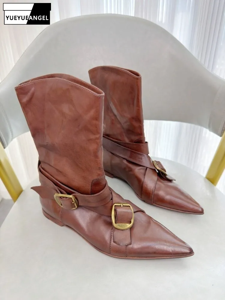 Vintage Women Cross Strap Buckle Pointed Toe Horsehide Genuine Leather Ankle Boots Punk Style New Modern Shoes Motorcycle Boots