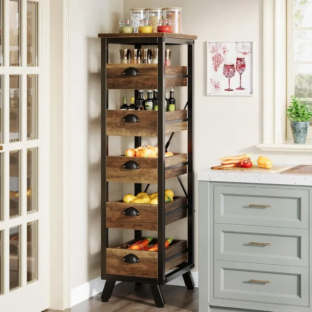 

Wood Fruit and Vegetable Storage Rack, 5-Tier Narrow Snack Stand Kitchen Stand Fruit Basket
