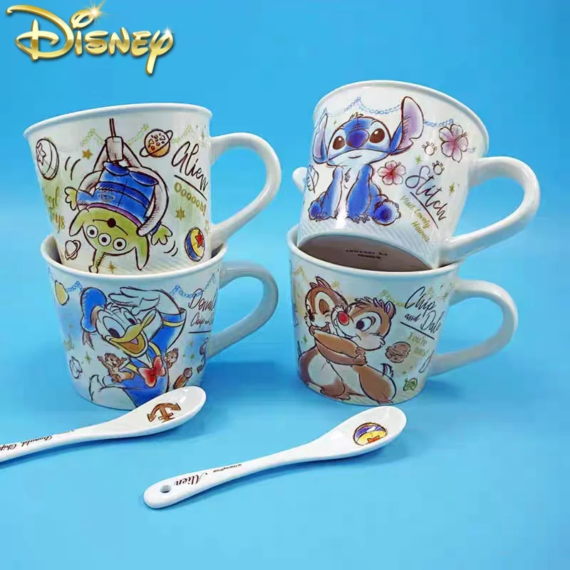 2024 New Disney Princess Mickey Mouse Coffee Mugs Ceramic Cup Children'S  Cartoon Drinking Cup 250ml Milk Juice Handle Cup+Spoon